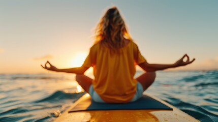 A person sits cross-legged in a meditative pose on a paddleboard while the sun sets, casting vibrant colors across the sky and enhancing the calming effect of the scene.