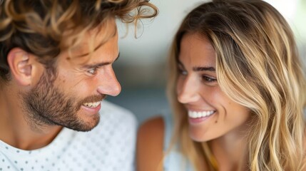 Close-up of a smiling couple gazing at each other with affection and warmth indoors, capturing a tender and loving moment filled with happiness and mutual admiration.