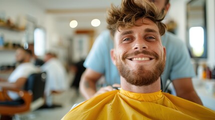 A man, with a joyful expression, gets his hair cut in a modern barber shop. The scene highlights the professionalism of the barber and the welcoming atmosphere of the space.