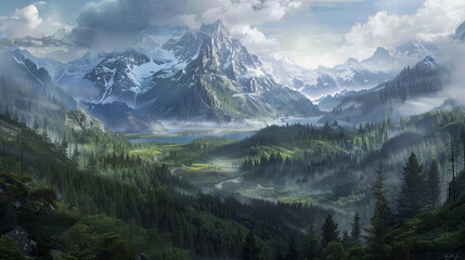 Obraz premium Mountain and valley with river landscape art background wallpaper
