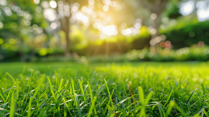 Close up on freshly cut grass garden with blurred sun in background