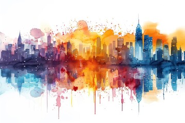 Fototapeta premium Watercolor Cityscape with Reflection