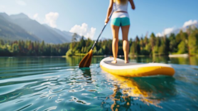 A person enjoys paddle-boarding on a pristine lake with stunning mountainous landscapes in the background, exemplifying the serenity and beauty of nature.