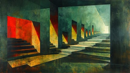 Abstract architectural structure with bold colors and shadows
