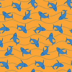 Seamless pattern with shark. Pixel art. Repeat shark print on linear yellow Background for textile, fabric, pajama, stationery and other design.