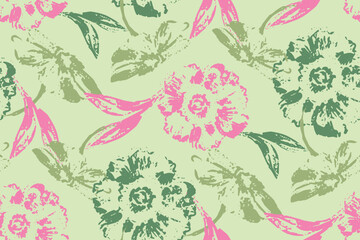 Fototapeta premium Roses seamless pattern trace. Peonies decorated traced ornament. Floral repeat pattern. Tropical grunge print