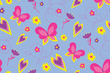 Obraz premium Decorative seamless pattern with flowers, butterflies, hearts on purple blue background. Tribal style. Floral ornament. Decorative blossom print. Cute kids pattern bloom motives