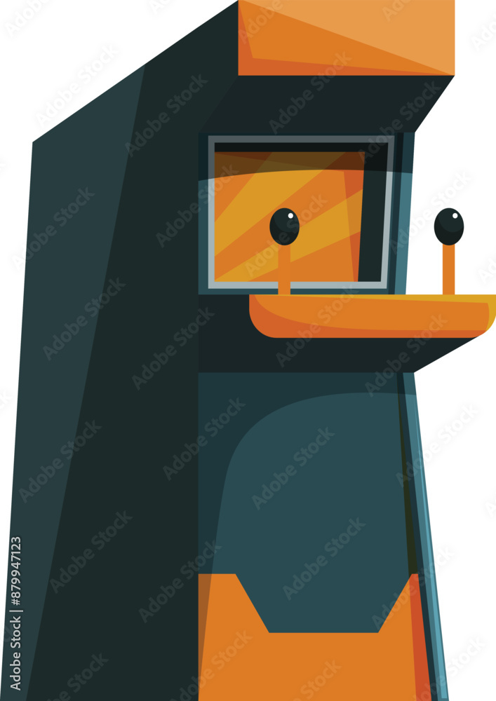 Poster arcade game machine displaying racing game interface with steering wheel and screen
