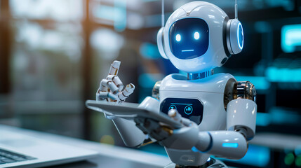Fototapeta premium friendly, white AI robot with blue accents holds a tablet, interacting intelligently artificial intelligence technology concept