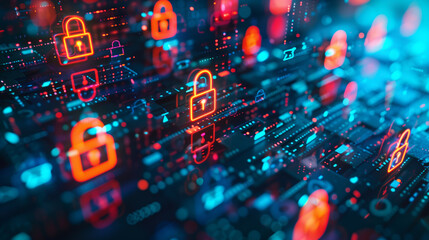 Glowing red and blue digital locks on a matrix background, symbolizing advanced cybersecurity measures.