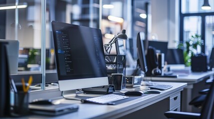 Business computer system is receiving updates online. Software upgrade is in progress.