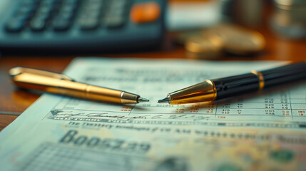 Economy and finance background, money coins, pen and stocks market graphs, pen resting on a piece of paper with bokeh lights in the background