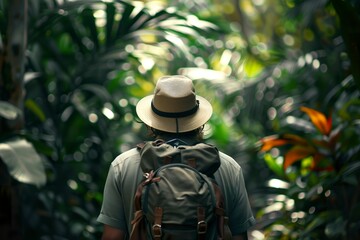 Fototapeta premium A backpacker with his back in close-up walking in the tropical jungle with lots of vegetation. An adventurous backpacker in a Panamanian forest.