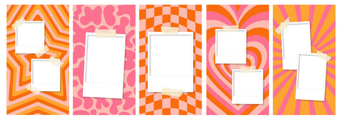 polaroids with tape on a retro patterns multiple star hearts pink orange vertical phone wallpapers