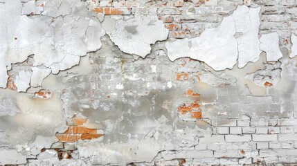 Old weathered wall with peeling gray paint and cracks Brick background with room for text