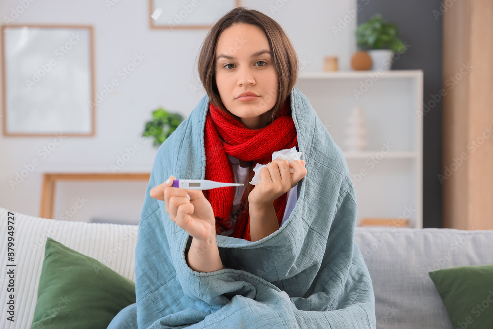 Sticker Sick young woman with thermometer and tissue at home