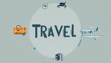  inscription “Travel” appears, on a minimalistic background with travel icons. Concept: leisure and vacation