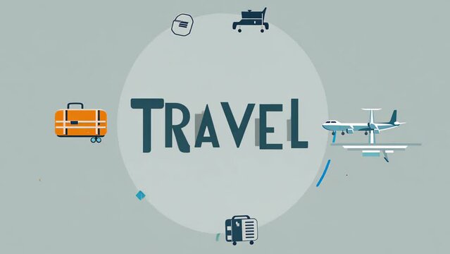  inscription &ldquo;Travel&rdquo; appears, on a minimalistic background with travel icons. Concept: leisure and vacation