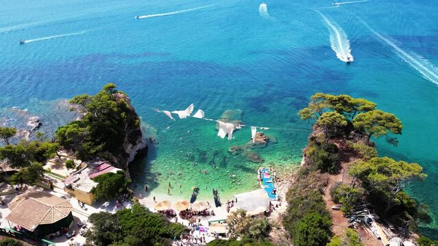 Aerial View of Turtle Island Zakynthos and little Cameo in  Transparent Turquoise Sea Water