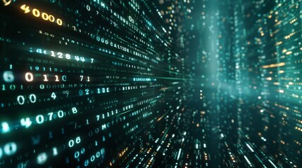 Fototapeta premium A digital matrix with streaming lights and binary codes portrays data flow and technology advancements