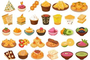 Collection of food items in various shapes and sizes, including cakes, fruits