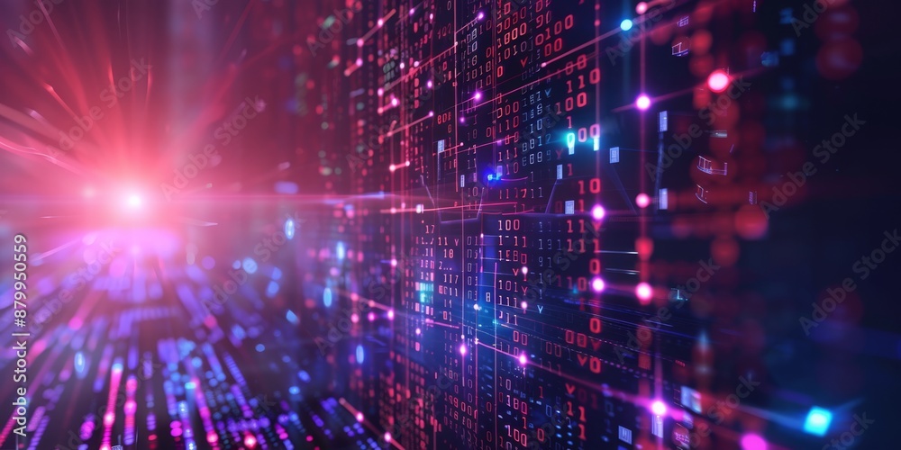 Poster a digital matrix with streaming lights and binary codes portrays data flow and technology advancemen