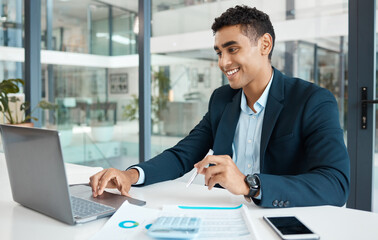 Planning, businessman and happy with laptop at desk for research, email and stock market. Financial...