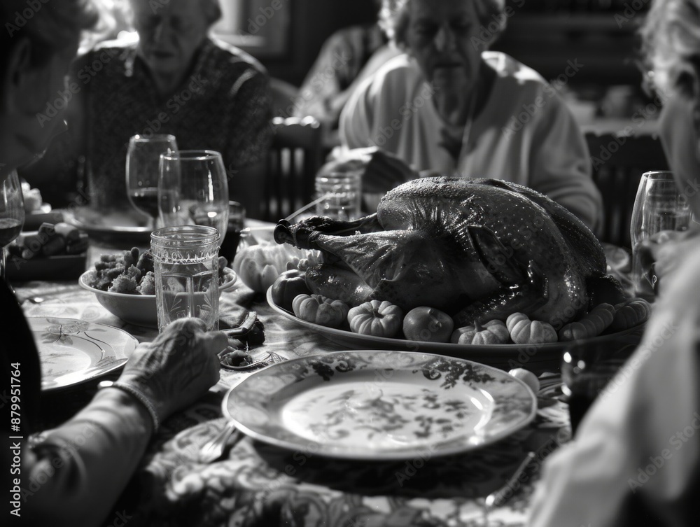 Canvas Prints Group of people are sitting around table with large turkey on it