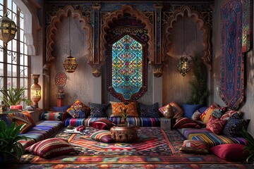Arabian Nights Lounge with ornate furnishings, vibrant textiles, brass lanterns, and an exotic, Middle Eastern ambiance. Arabian Nights home decor.
