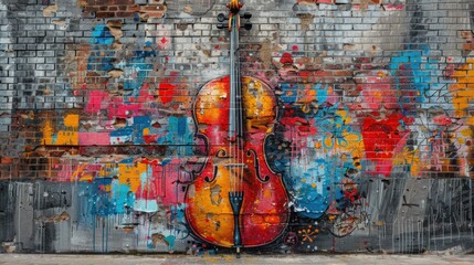 Vibrant Street Art: A Cello on a Brick Wall