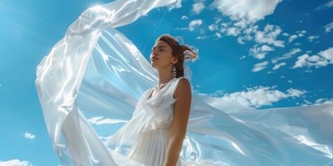 A woman wearing a white dress stands under a clear blue sky, suitable for use in editorial or creative contexts