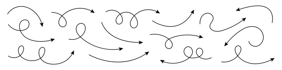 Collection of curved arrows. Set simple curved hand drawn arrows. Collection of pointers.