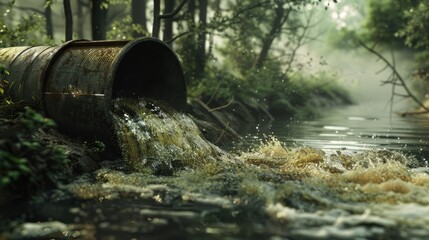 Obraz premium Dirty water wastes discharged through rusty pipe into the river. Pollution and environmental ecology protection concept