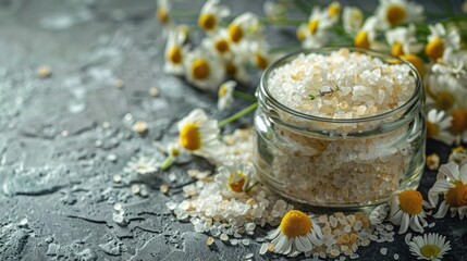 Herbal chamomile sea salt in a jar on textured background for beauty and body care Organic natural product with medicinal properties