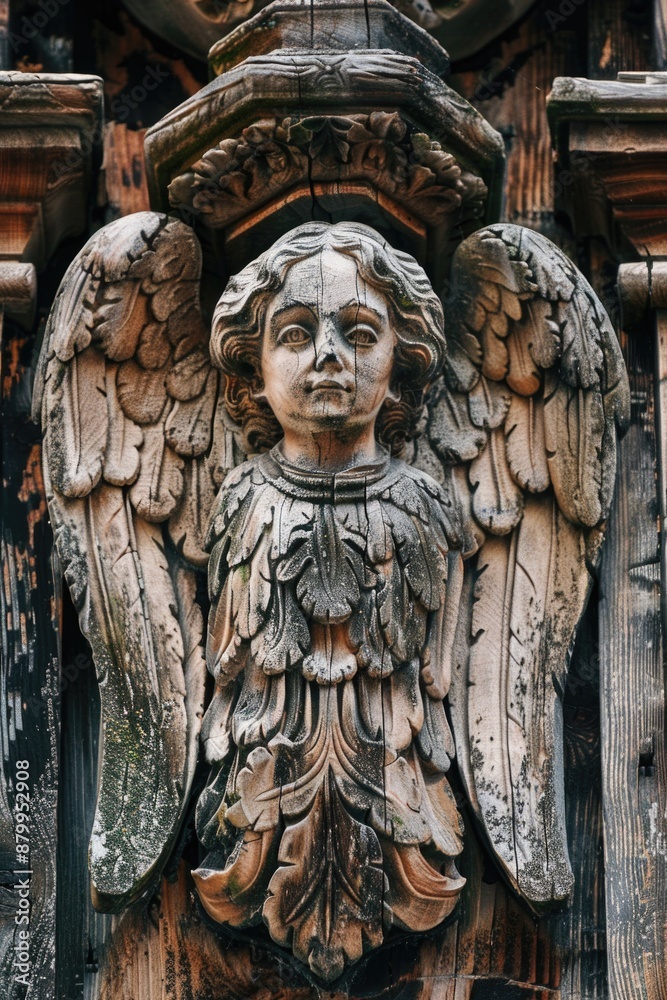 Poster a statue of an angel is placed on the side of a building, adding a touch of beauty and serenity to t