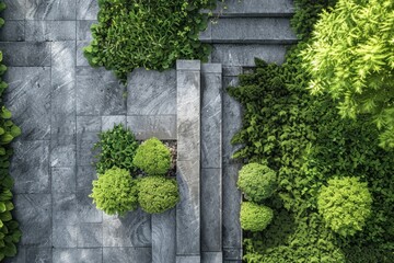 Garden with stone walkway and steps