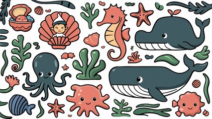 Obraz premium A cartoon sea animal set with a whale, octopus and other creatures, AI