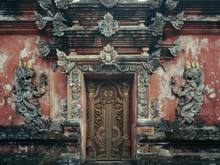 Obraz premium Front of building with gold door and dragon on door