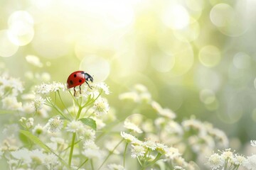 Fototapeta premium A ladybug perches on a plant with red-and-black spotted legs. Beautiful simple AI generated image in 4K, unique.