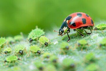 Fototapeta premium Ladybug on a dew-covered leaf, macro shot, morning light.. Beautiful simple AI generated image in 4K, unique.