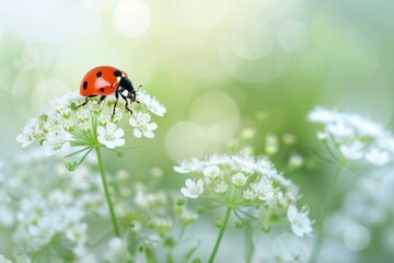 Fototapeta premium Close-up wildlife of a ladybug in the green grass in the forest. Beautiful simple AI generated image in 4K, unique.