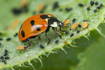 Obraz premium Ladybug on a Dew-Covered Leaf in a Dreamy Green Garden. Beautiful simple AI generated image in 4K, unique.