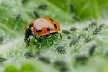 Fototapeta premium Ladybug on a dew-covered leaf, macro shot, morning light.. Beautiful simple AI generated image in 4K, unique.