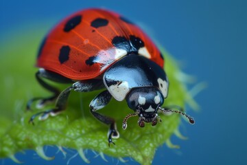 Naklejka premium Ladybug on a Dew-Covered Leaf in a Dreamy Green Garden. Beautiful simple AI generated image in 4K, unique.