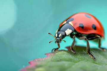 Naklejka premium Ladybug on a Dew-Covered Leaf in a Dreamy Green Garden. Beautiful simple AI generated image in 4K, unique.