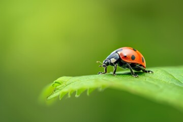 Naklejka premium Ladybug on a Dew-Covered Leaf in a Dreamy Green Garden. Beautiful simple AI generated image in 4K, unique.