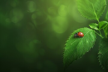  A ladybug perches on a plant with red-and-black spotted legs. Beautiful simple AI generated image in 4K, unique.