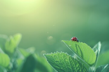 Vibrant ladybug on a flower bud, nature's beauty in sunlight. close-up, soft focus, perfect for spring themes. AI. Beautiful simple AI generated image in 4K, unique.