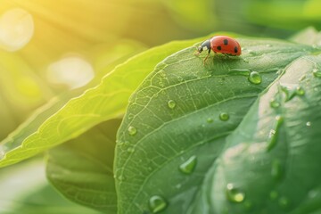 Fototapeta premium A close-up of a red ladybug with black spots perched on a green leaf. Beautiful simple AI generated image in 4K, unique.
