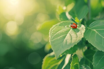 Fototapeta premium Ladybug on a dew-covered leaf, macro shot, morning light.. Beautiful simple AI generated image in 4K, unique.